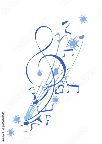 Winter music, abstract treble clef decorated with snowflakes and notes. Vector illustrations.