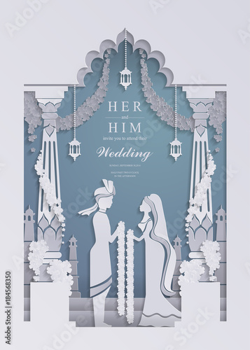 Indian wedding Invitation card templates with Paper art and craft style. on paper color.