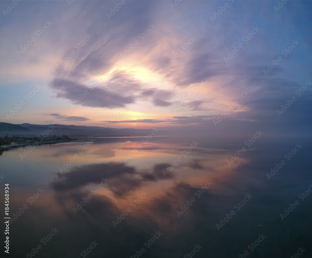 Sunset and the reflection on the lake in Iznik Turkey
