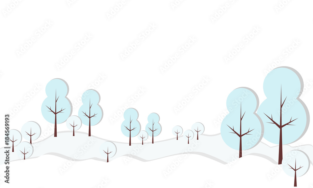 Vector illustration of cardboard paper forest with trees in snow. Winter landscape with trees.