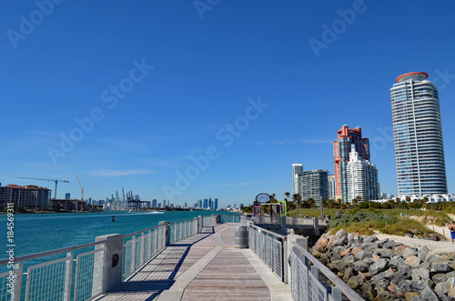 A westward view of Miami and Miami Beach,Florida building skylines. © Wimbledon