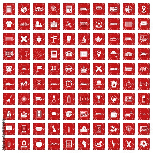 100 bus icons set grunge red