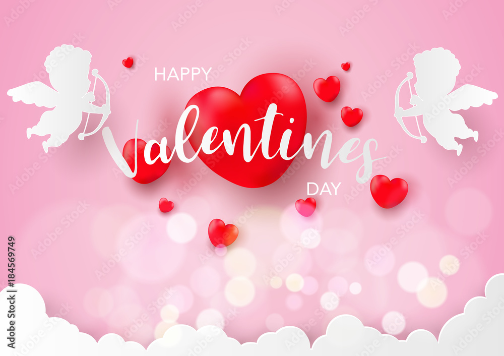 Valentine's day, banner template. Pink heart with lettering, isolated on background. Heart tags poster design. Vector