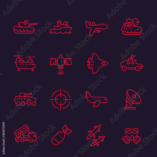army, military line icons set, combat drone, tank, aviation, navy, ship, ballistic missile, helicopter, antiaircraft system, armoured fighting vehicles, bomb, sniper sight, armed forces