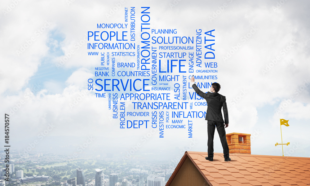 Young businessman standing on house roof and writing leadership skill concept. Mixed media Young businessman standing on house roof and writing leadership skill concept. Mixed media