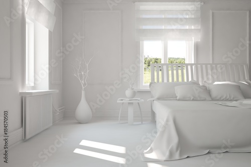 Inspiration of white minimalist bedroom with summer landscape in window. Scandinavian interior design. 3D illustration