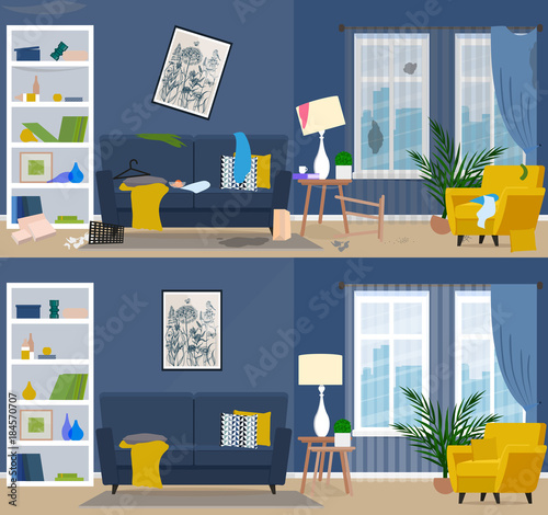 Dirty and clean room. Room before and after cleaning. Flat graphic, vector illustration.