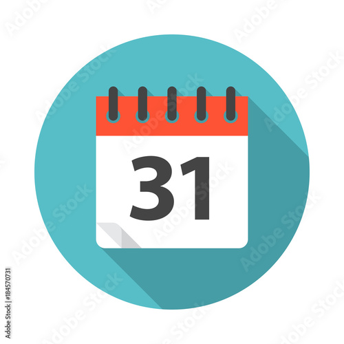 Calendar circle icon with long shadow. Flat design style. Calendar simple silhouette. Modern, minimalist, round icon in stylish colors. Web site page and mobile app design vector element.