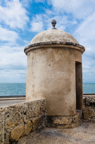 View of dome of historic castle of San Felipe De Barajas on a hill overlooking the Spanish colonial city of Cartagena de Indias on the coast of Colombia