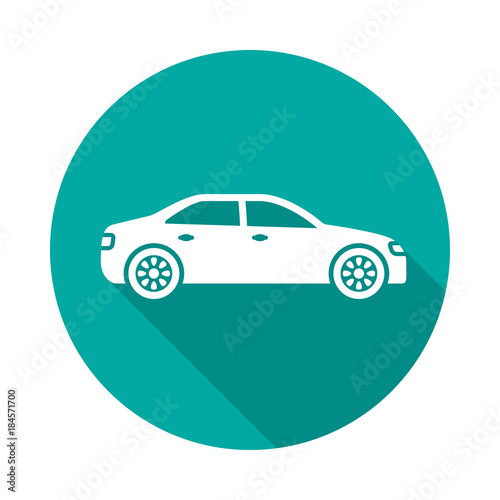 Car circle icon with long shadow. Flat design style. Car simple silhouette. Modern, minimalist, round icon in stylish colors. Web site page and mobile app design vector element.