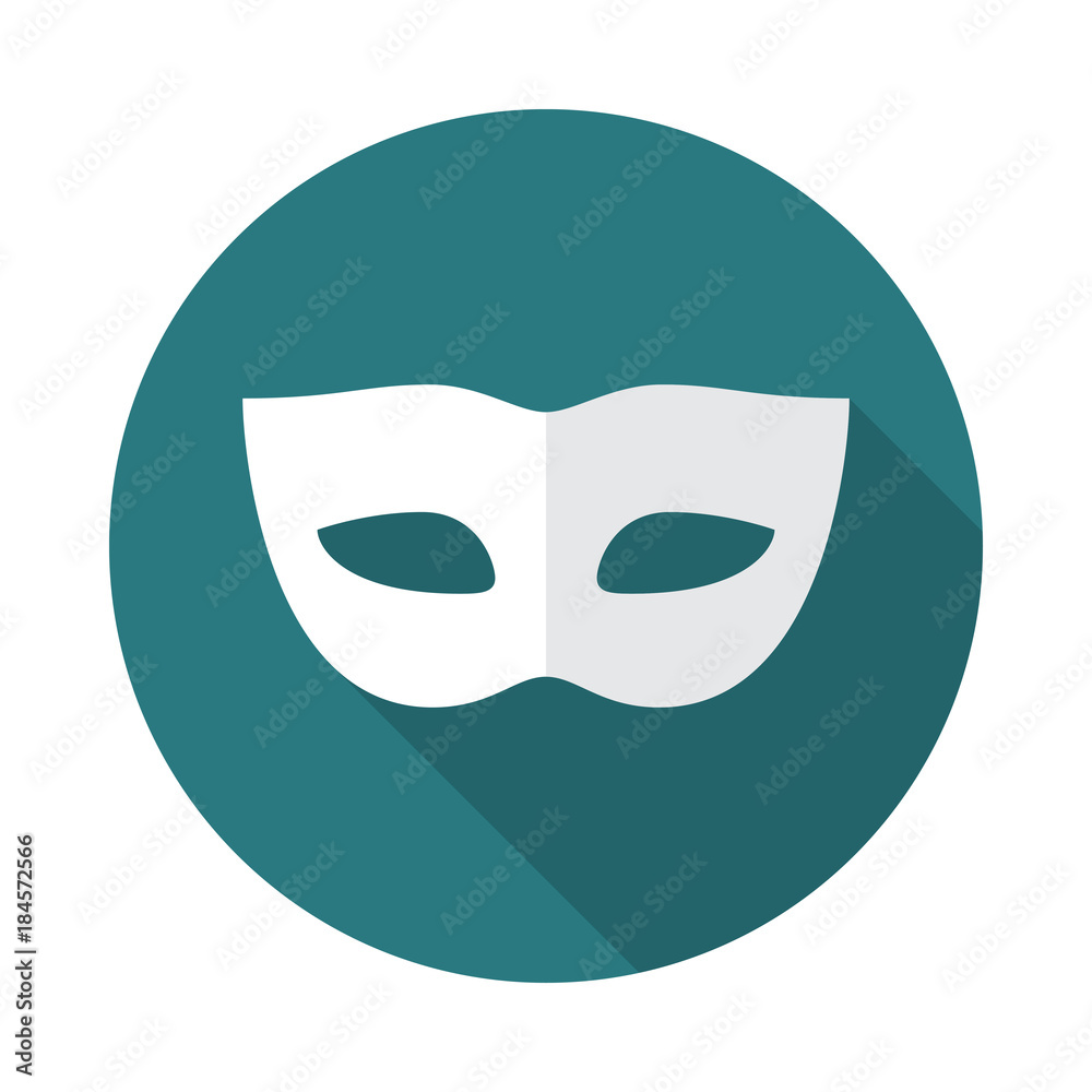 Carnival mask circle icon with long shadow. Flat design style. Mask simple silhouette. Modern, minimalist, round icon in stylish colors. Web site page and mobile app design vector element. Carnival mask circle icon with long shadow. Flat design style. Mask simple silhouette. Modern, minimalist, round icon in stylish colors. Web site page and mobile app design vector element.