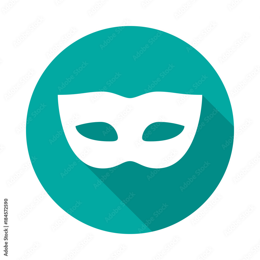 Carnival mask circle icon with long shadow. Flat design style. Mask simple silhouette. Modern, minimalist, round icon in stylish colors. Web site page and mobile app design vector element.