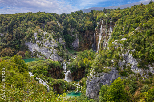Croatia lakes landscape. Waterfalls of Plitvice lakes national park