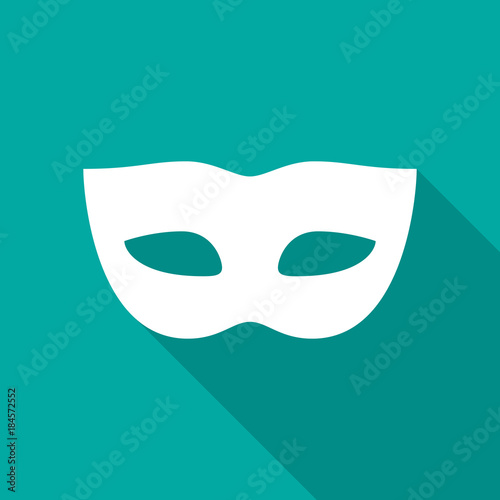 Carnival mask icon with long shadow. Flat design style. Mask simple silhouette. Modern, minimalist icon in stylish colors. Web site page and mobile app design vector element.