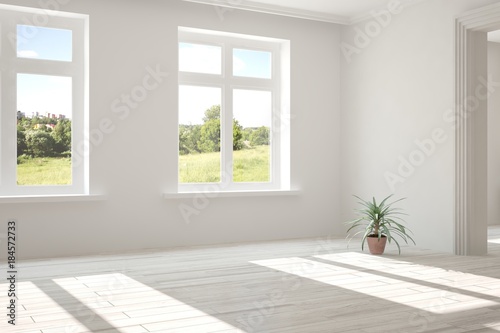 White empty room with summer landscape in window. Scandinavian interior design. 3D illustration