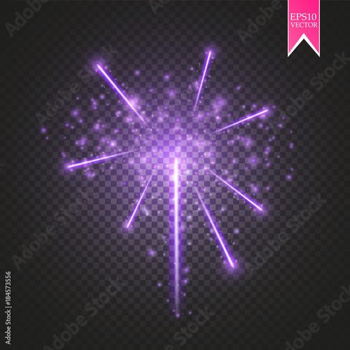 Purple Firework lights effect with glowing stars in sky isolated on transparent background. Vector white festive party rocket burst or salute show for your design.