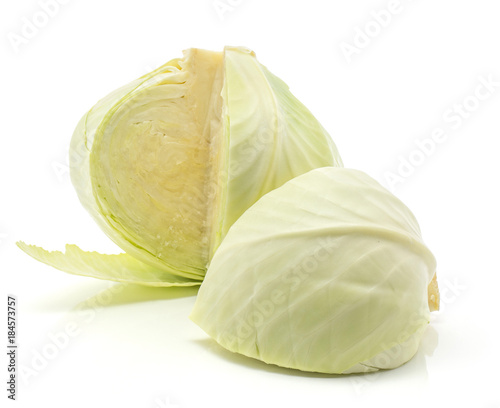 White cabbage isolated on white background one cut open head with separated quarter.