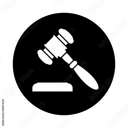Auction or judge gavel circle icon. Black, round, minimalist icon isolated on white background. Auction or judge gavel simple silhouette. Web site page and mobile app design vector element.