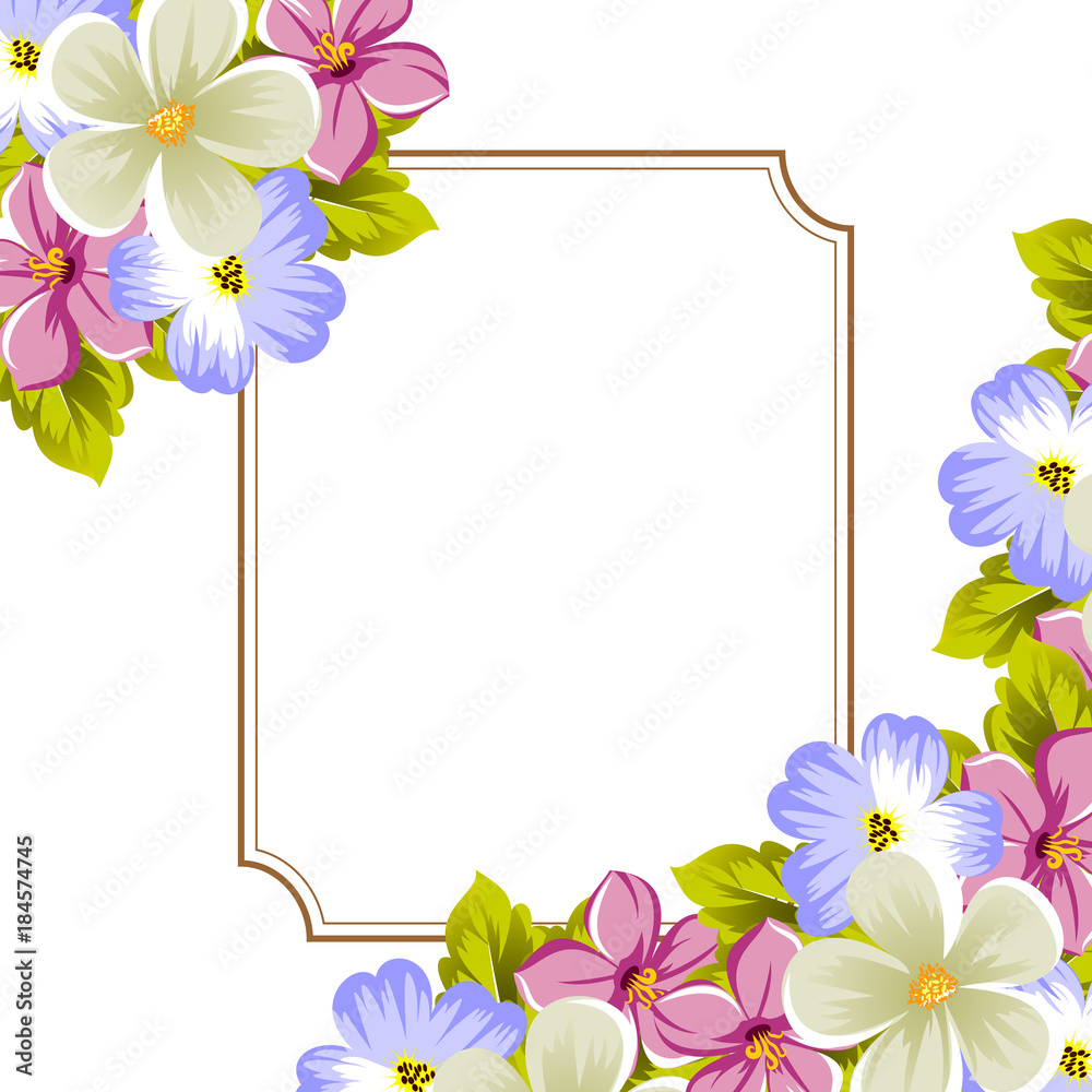 Obraz premium Frame for greeting design with space for text with flowers and leaves. For Postcards, for holiday, wedding birthday party, Valentine's day.
