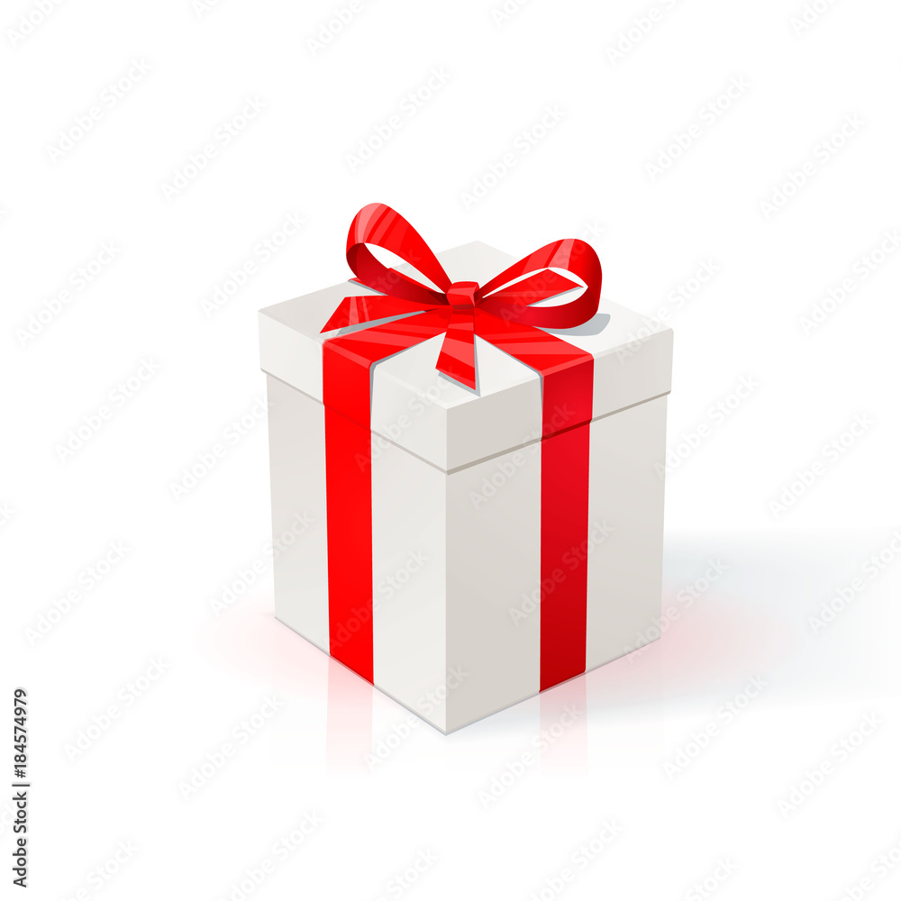 White Cardboard box with red ribbon and bow. Gift Box on white background. Happy birthday Christmas New Year wedding or Valentine day package Design. White Cardboard box with red ribbon and bow. Gift Box on white background. Happy birthday Christmas New Year wedding or Valentine day package Design.