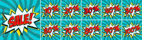 Big turquoise color sale set. Sale inscription and all percent numbers. turquoise and red colors. Pop-art comics style web banners, flash animation, stickers, tags.