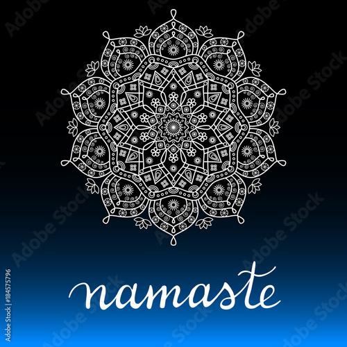 Namaste card vector print. White lotus mandala flower and calligraphic brush lettering on black and blue gradient background. photo
