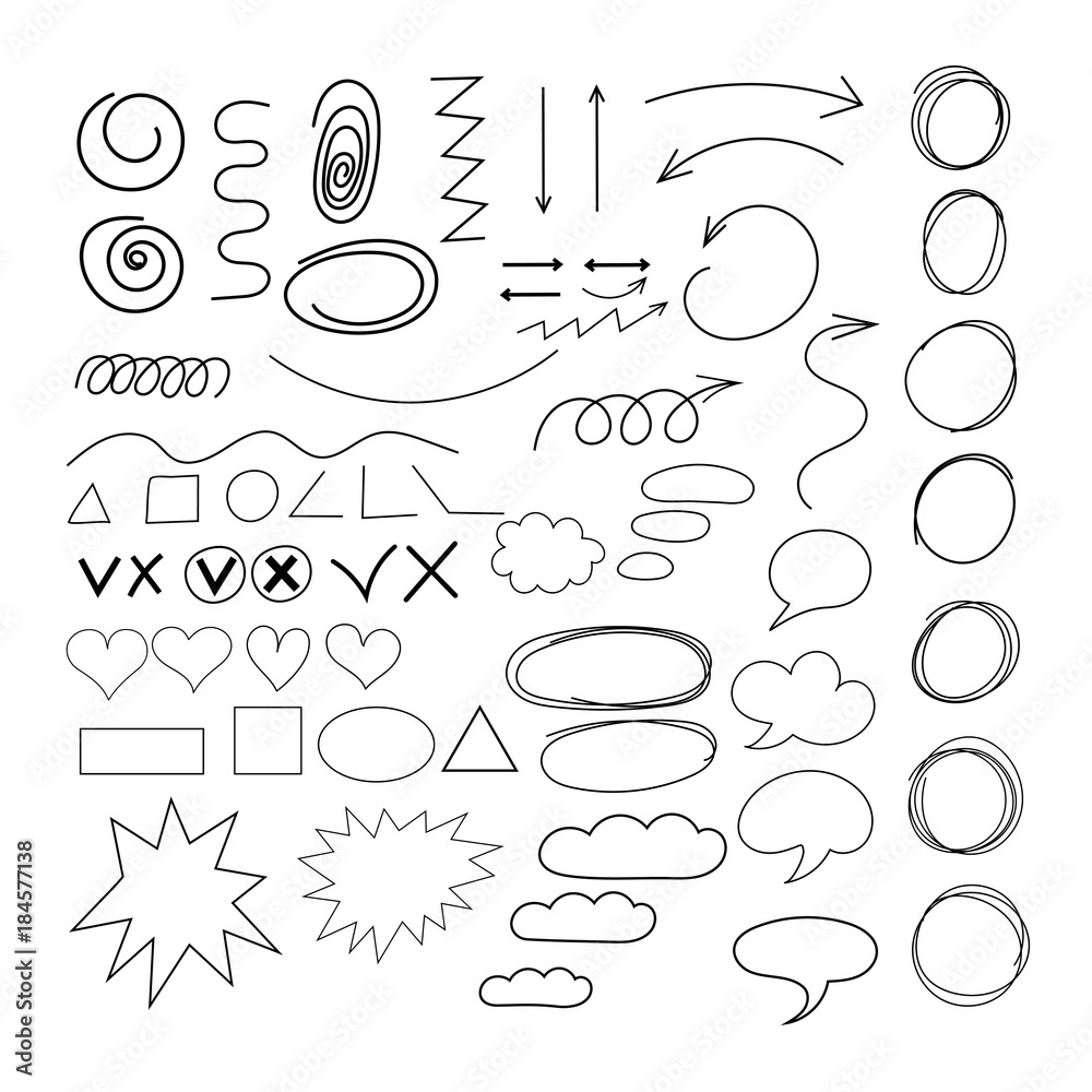 Doodle different shapes, clouds speech and arrows set. Hand drawn circle line sketch set vector circular scribble doodle.