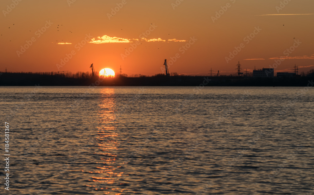 Sunset landscape on Danube River,Romania