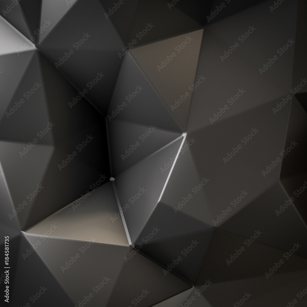 Abstract Low Triangular polygon shapes, triangles mosaic, poly design, creative black background. 3d rendering