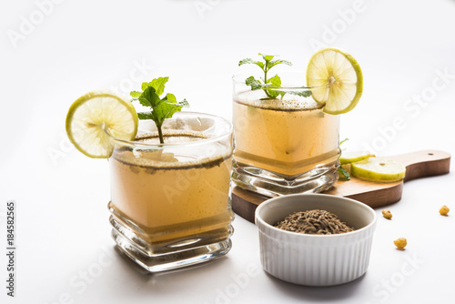 Jal Jeera or Jal-jeera, or jaljira, is an Indian beverage prepared using mixing cumin powder in water and served cold

 photo