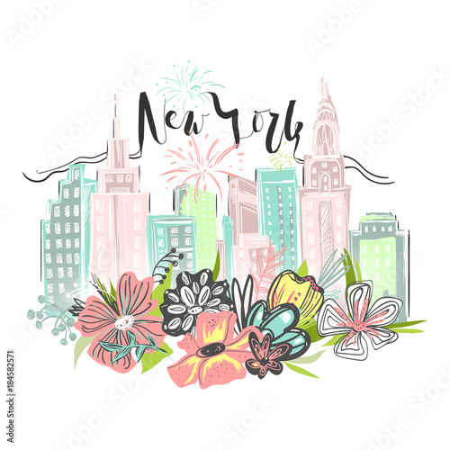 Beautiful New York skyscrapers, skyline with floral, flowers bouquet and fireworks. Hand drawn, vector watercolor, vintage style drawing