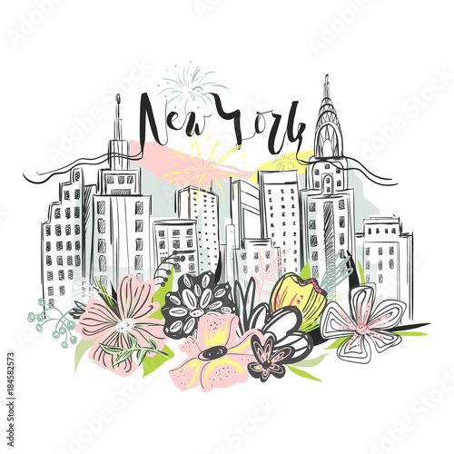 Beautiful New York skyscrapers, skyline with floral, flowers bouquet and fireworks. Hand drawn, vector watercolor, vintage style drawing