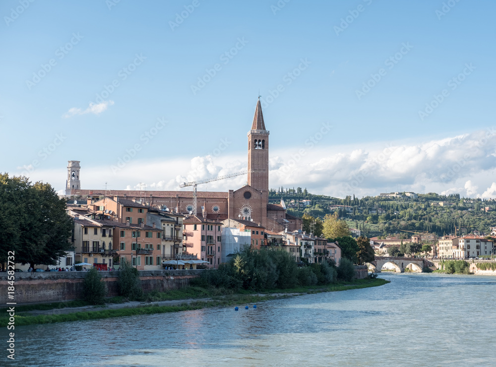View of Verona. Ponte Pietra, once known as the Pons Marmoreus. It is the Roman arch bridge crossing Adige River