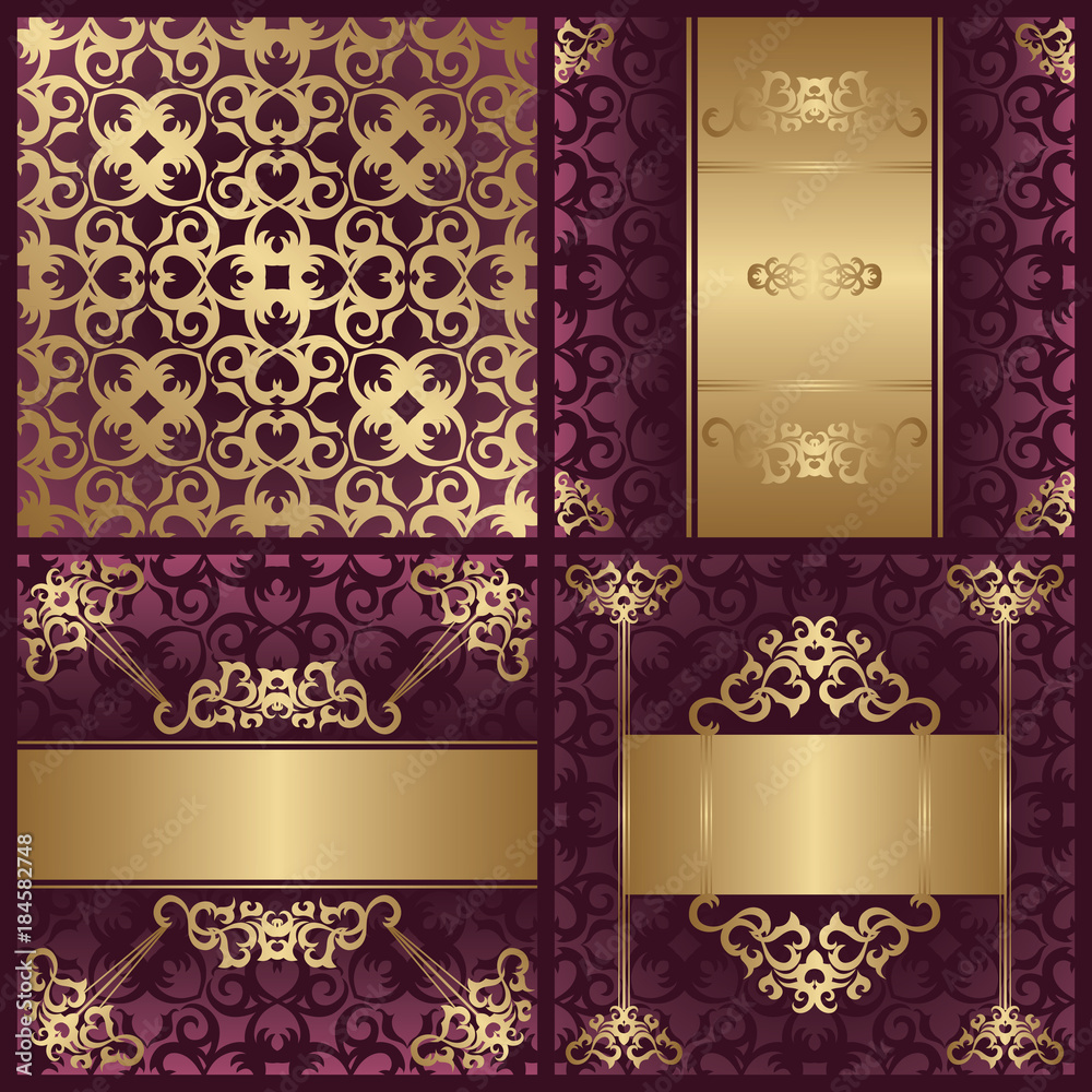 Set of three cards and template of seamless wallpaper. Vintage decoration in a gold. Can be used as invitation