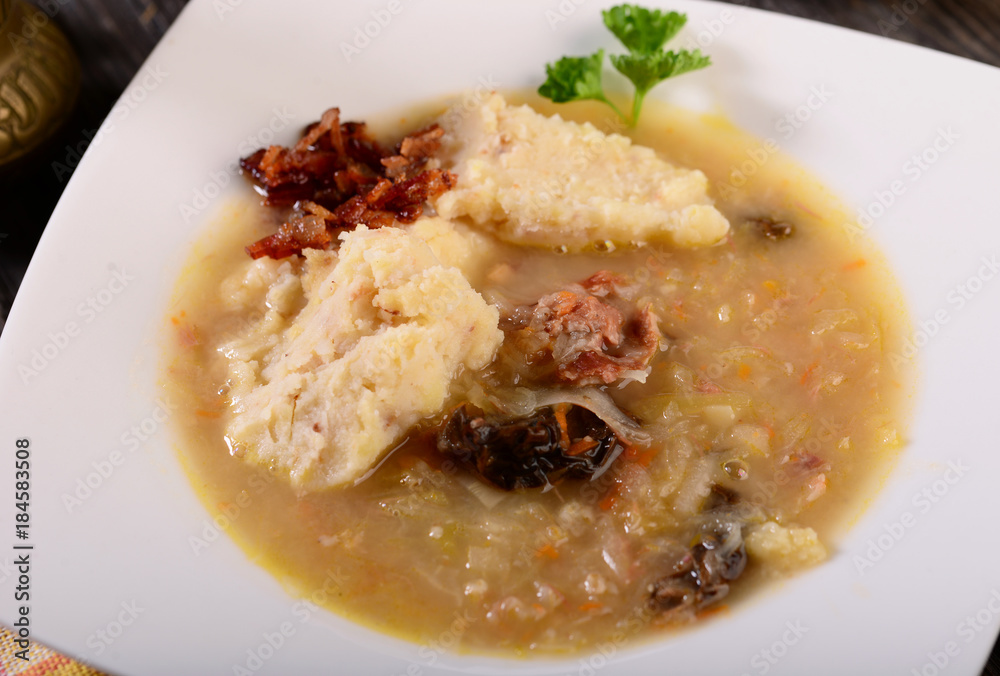 Cabbage soup with mashed potatoes