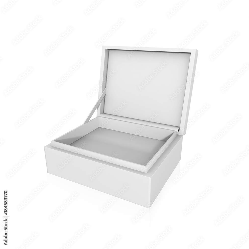 Opened cardboard box for packages,gift set on white floor. 3d rendering Opened cardboard box for packages,gift set on white floor. 3d rendering