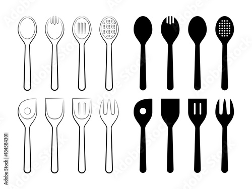 Spoons Set. Line Art Vector Illustration of a set of Spoons and their Silhouettes.