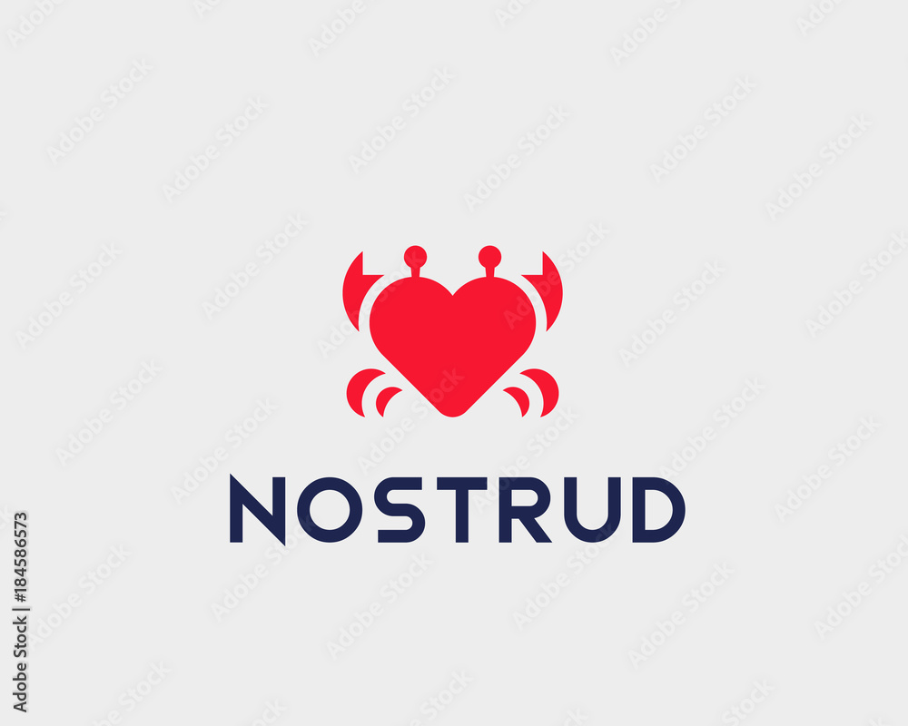 Crab heart idea vector logotype. Seafood love creative icon logo symbol.