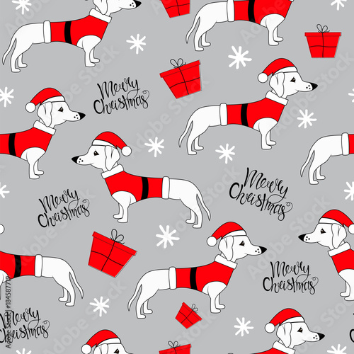 Christmas seamless pattern with funny dog.