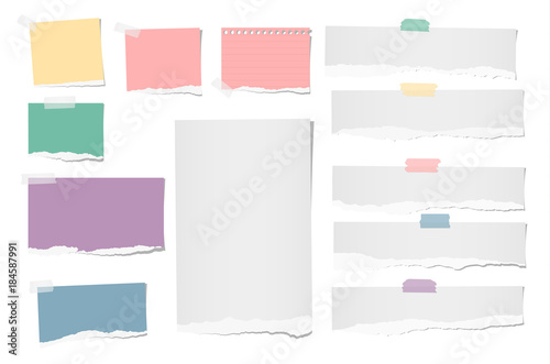 Colorful and white ripped blank note, notebook paper strips for text or message stuck with adhesive, sticky tape on white background.