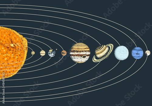 planets in solar system. moon and the sun, mercury and earth, mars and venus, jupiter or saturn and pluto. astronomical galaxy space. engraved hand drawn in old sketch, vintage style for label.