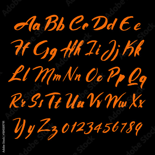 Brush script alphabet font. Hand drawn uppercase and lowercase letters and numbers. Stock vector typeface for your headers or any typography design.