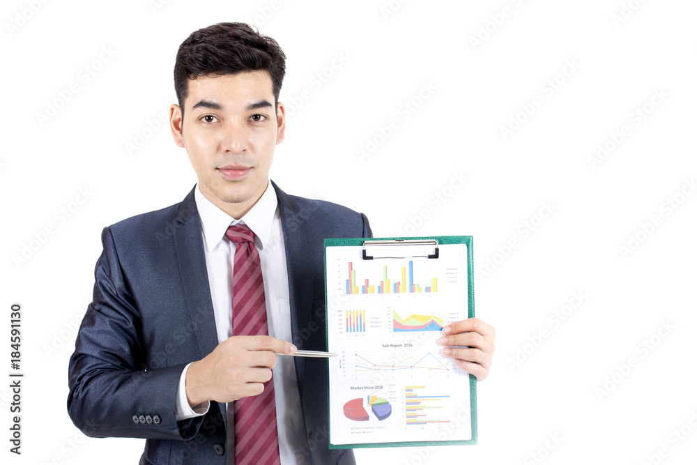Asian Businessman show chart on White Background with Success feeling, Business presentration Concept, isolated on white background. Asian Businessman show chart on White Background with Success feeling, Business presentration Concept, isolated on white background.