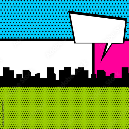 Cartoon funny vintage strip comic city view. Pop art comics book magazine cover template. Text speech bubble balloon, box message, burst bomb. Vector colored halftone illustration. Blank humor graphic