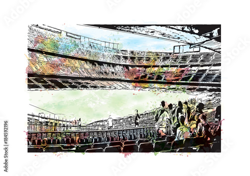 Watercolor painting with splash and sketch of Stadium in Barcelona, Spain in vector illustration.