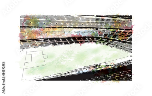 Watercolor painting with splash and sketch of Stadium in Barcelona, Spain in vector illustration.