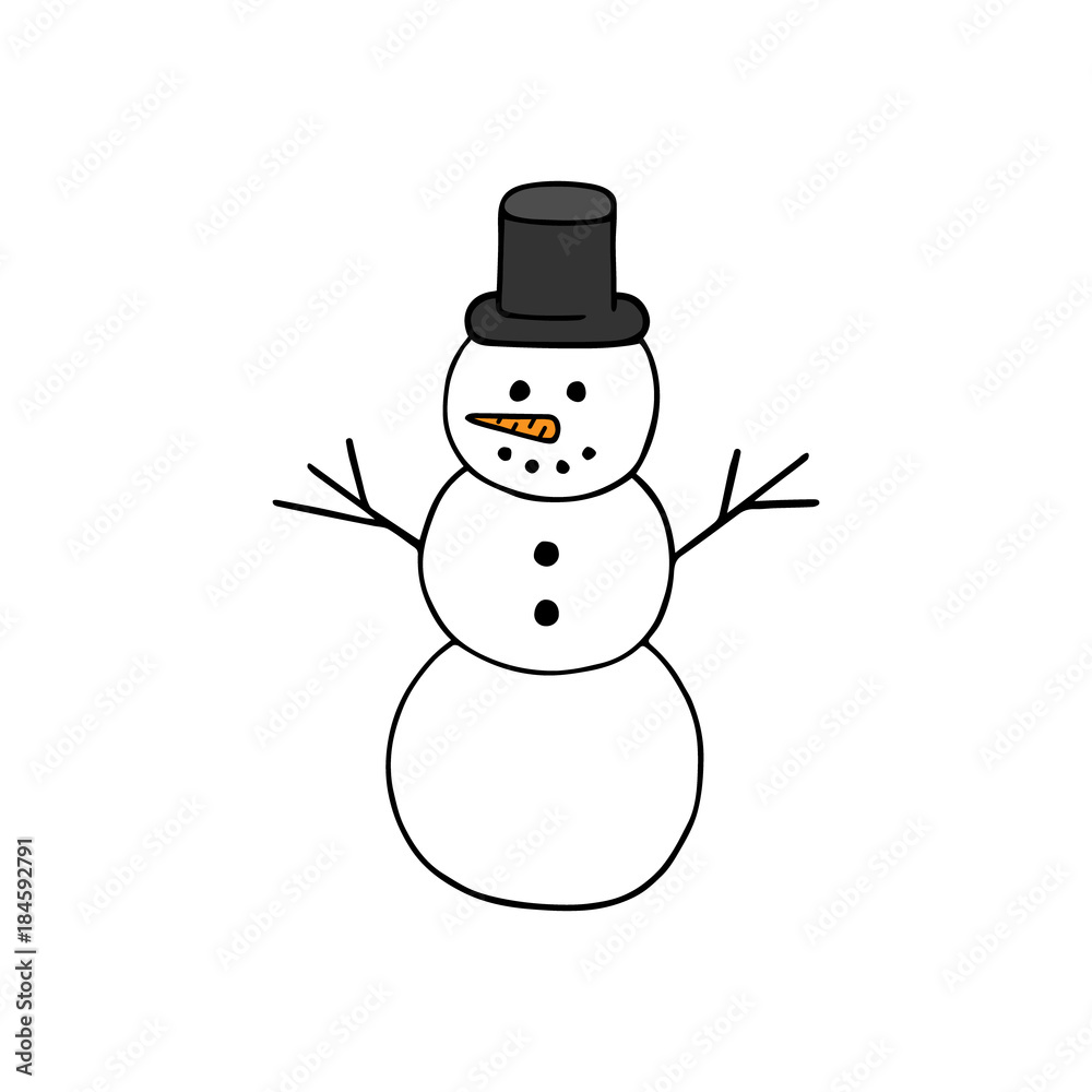 Hand drawn snowman vector illustration. Happy snowman with hat. Winter and christmas motif.