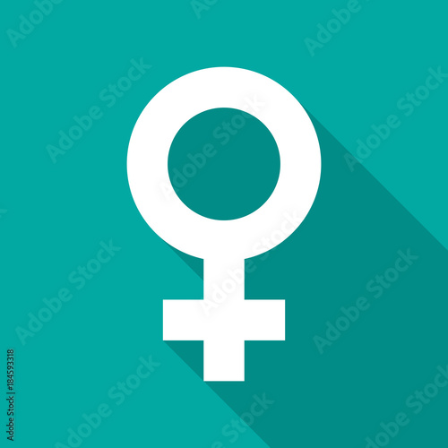 Female sex symbol icon with long shadow. Flat design style. Gender symbol simple silhouette. Modern, minimalist icon in stylish colors. Web site page and mobile app design vector element.