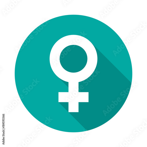 Female sex symbol circle icon with long shadow. Flat design style. Gender symbol simple silhouette. Modern, minimalist, round icon in stylish colors. Web site page and mobile app design vector element