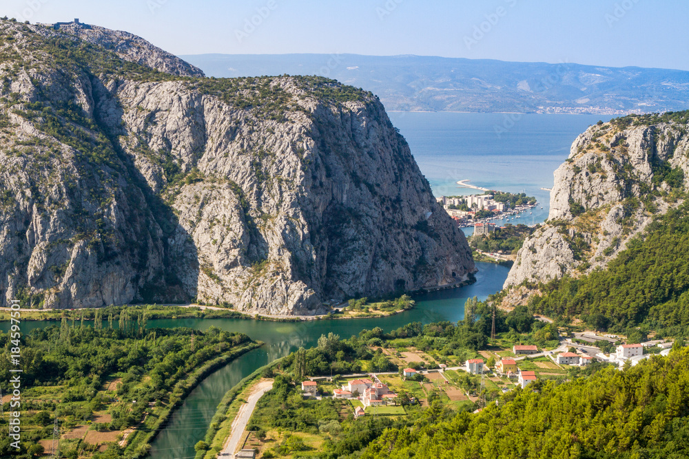 Omish, Croatia, panorama, the Cetina river basin in the sea